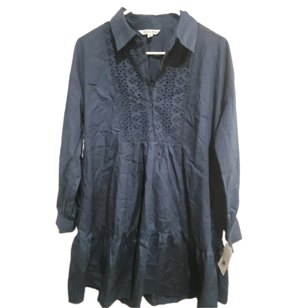 Ophelia Roe Women's Medium Navy Blue Eyelet Lace Tiered Shirt Dress Cotton NWT